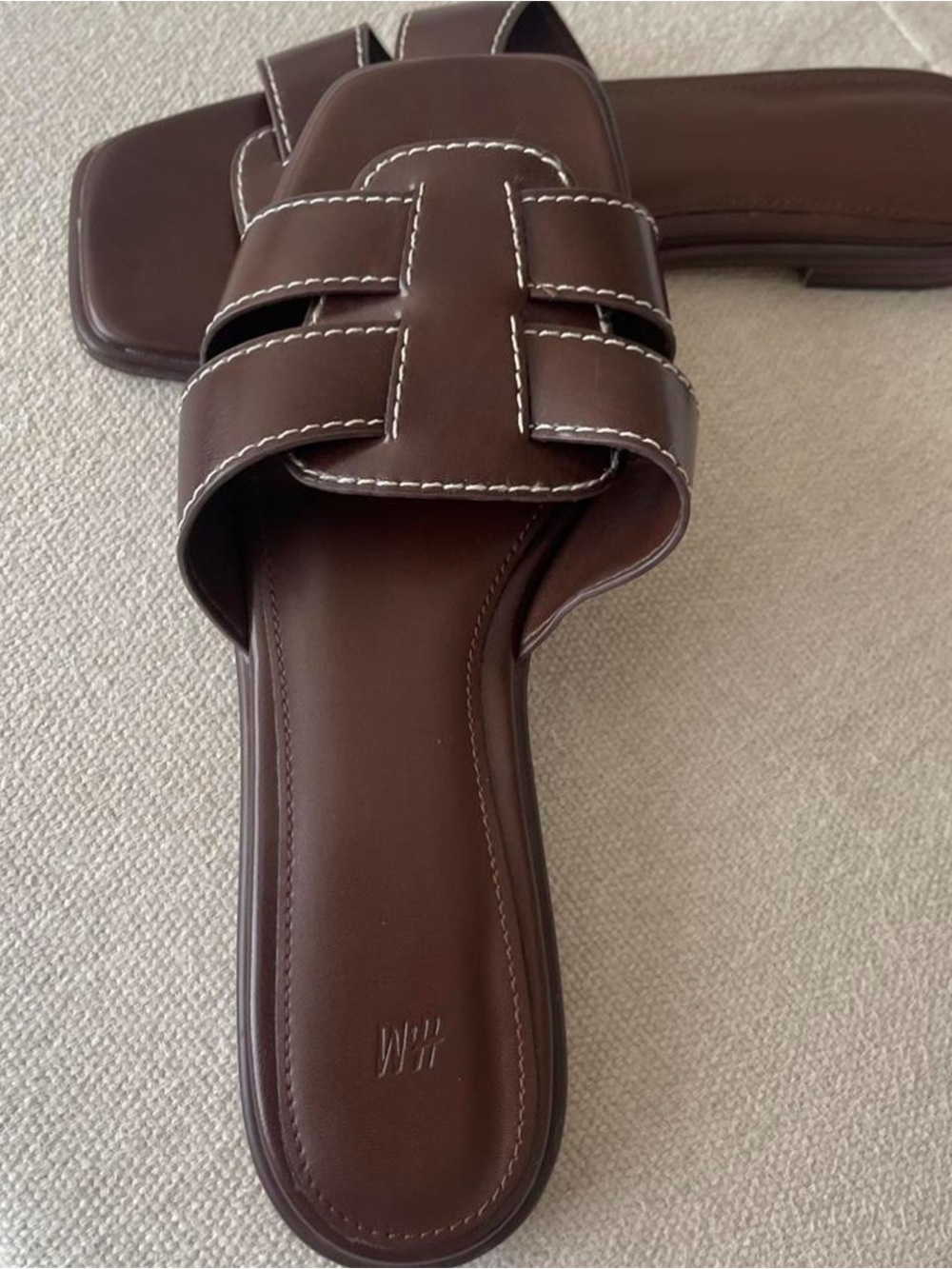 Women  Brown Leather Slide Sandals with Contrast Stitching